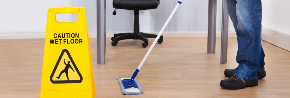 Vloer wordt gedweild naast een waarschuwingsbord voor een natte vloer